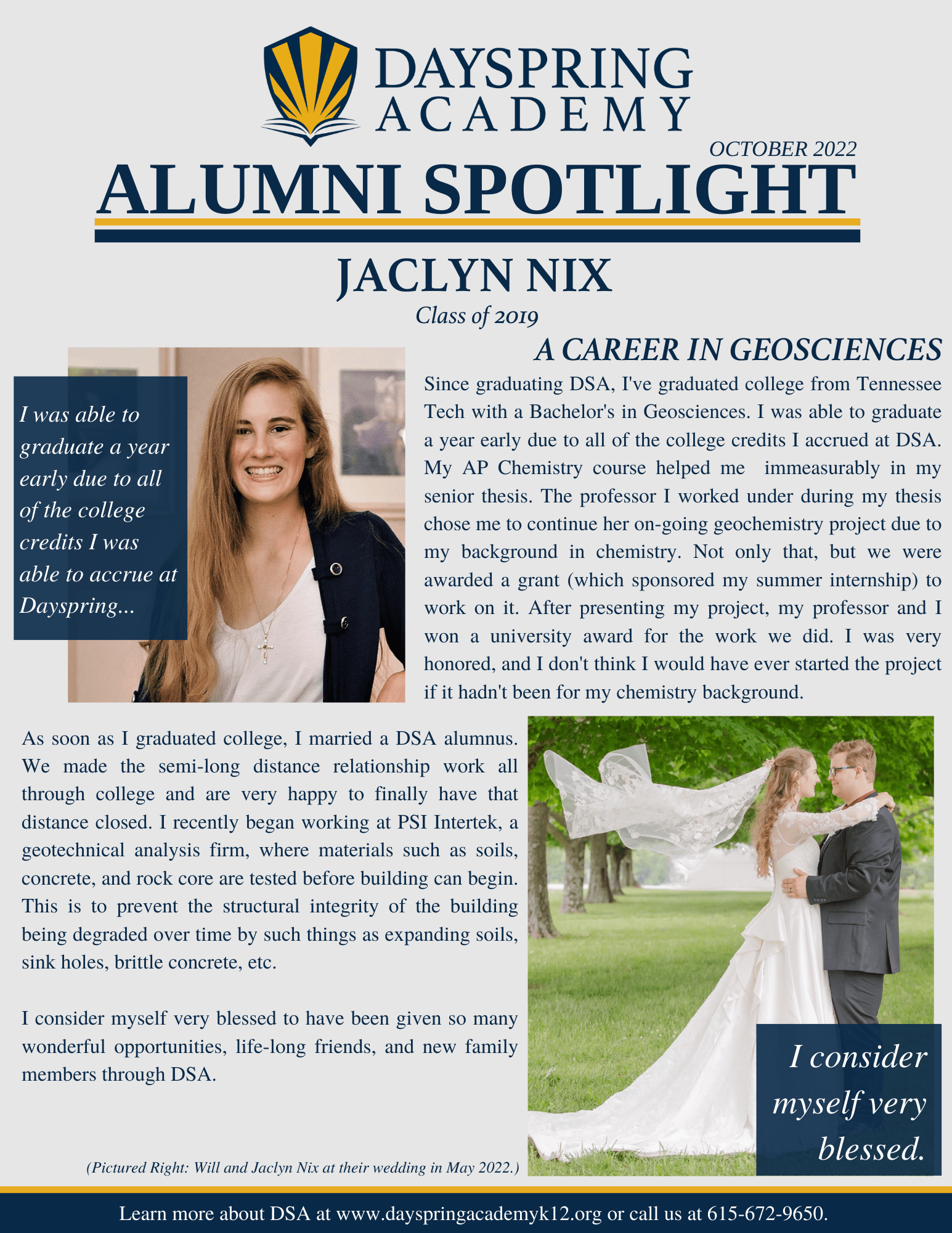 Jaclyn Nix Alumni Spotlight - Dayspring Academy